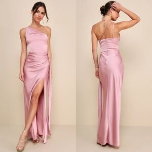 Lulus Signature Elegance Rose Satin One-Shoulder Maxi Dress M Wedding Party Prom